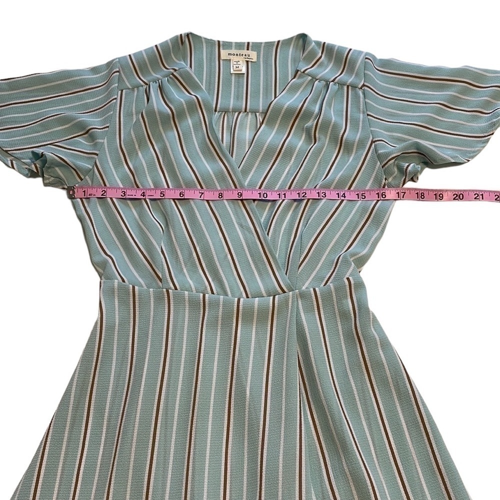 Pastel Striped Dress With Flutter Sleeve & Faux Wrap Tie Back- Size Medium - Picture 8 of 12